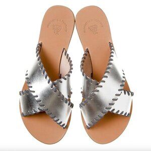 Silver Metallic Slide Sandals with Hand-Stitched Detail